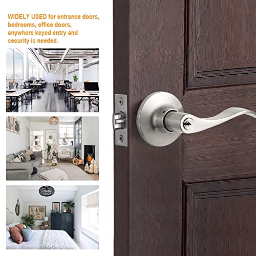 NeuType 3 Pack Satin Nickel Front Door Handle with Lock and Key, Entry Door Lockset, Wave-Like Lever, Keyed Entry Lock for Home Office or Hotels, Compatible with Right & Left Handed Doors