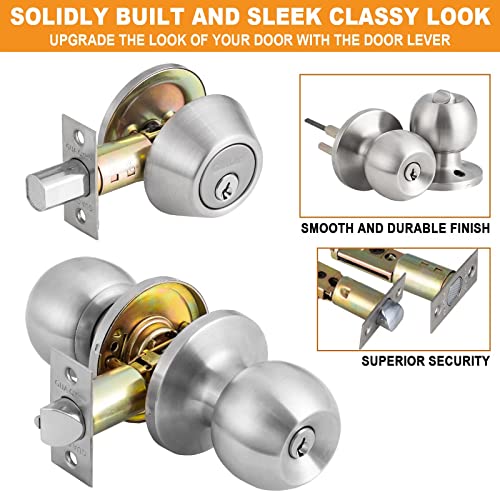 NeuType Satin Nickel 3 Pack Front Door Lock Set Front Door Handle Sets with Single Cylinder Deadbolt and Keyed Entry Door Knob, Compatible with Right & Left Handed Doors