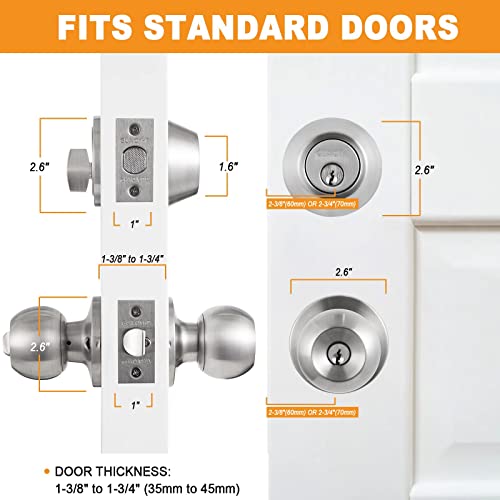 NeuType Satin Nickel 3 Pack Front Door Lock Set Front Door Handle Sets with Single Cylinder Deadbolt and Keyed Entry Door Knob, Compatible with Right & Left Handed Doors