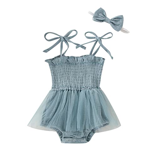 Meihuida Newborn Baby Girl Sleeveless Romper with Headband Summer Clothes Cotton Linen Bodysuit Tulle Tutu Skirt Blue 0-3 Months