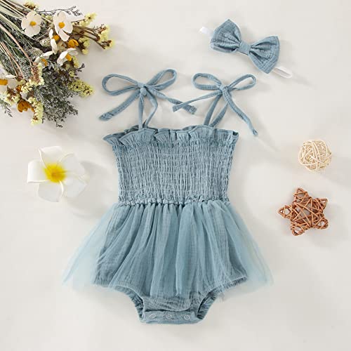 Meihuida Newborn Baby Girl Sleeveless Romper with Headband Summer Clothes Cotton Linen Bodysuit Tulle Tutu Skirt Blue 0-3 Months