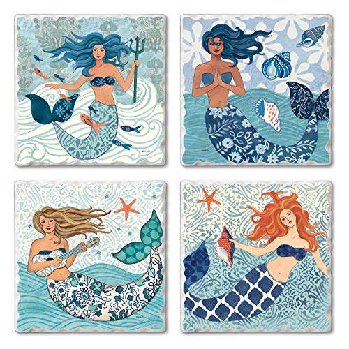 Thirstystone Mermaid Island Multi-Image Absorbent Stone Tumbled Tile Coaster 4 Pack with Protective Cork Backing Manufactured in The USA