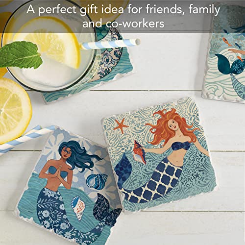 Thirstystone Mermaid Island Multi-Image Absorbent Stone Tumbled Tile Coaster 4 Pack with Protective Cork Backing Manufactured in The USA