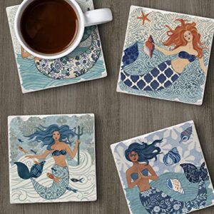 Thirstystone Mermaid Island Multi-Image Absorbent Stone Tumbled Tile Coaster 4 Pack with Protective Cork Backing Manufactured in The USA