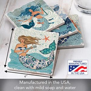 Thirstystone Mermaid Island Multi-Image Absorbent Stone Tumbled Tile Coaster 4 Pack with Protective Cork Backing Manufactured in The USA