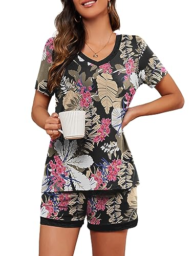 PrinStory Women's Pajama Set Short Sleeve Shirt and Shorts Sleepwear Pjs Sets with Pockets FP-Big Leaf Pink-Large