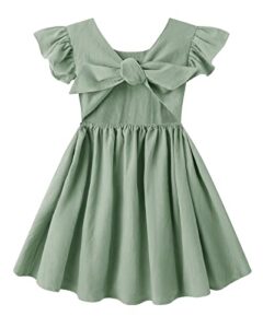 lyxiof toddler baby girl cotton linen summer dress ruffle sleeve back bowknot kids beach dresses green 90cm
