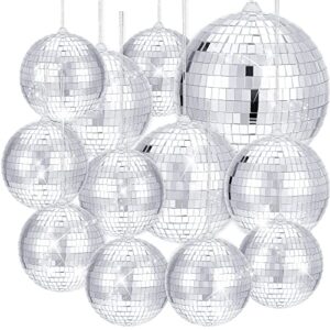 12 pack silver disco ball mirror ball with hanging ring for fun retro disco party decorations party dj lighting effect stage props game accessories, 5.91 inch, 3.94 inch, 3.15 inch, 2.36 inch