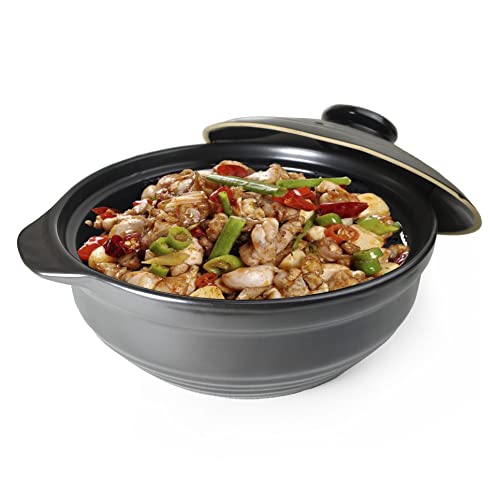 Casserole Clay Pot Heat-resistant Premium Ceramic Bowls Lid Cooking Soup Black White (Black 66oz)