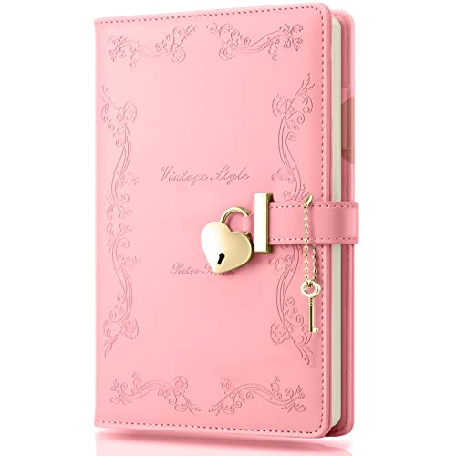 Mousbull Girls Diary with Lock and Key, Cute Heart Shaped Lock Journal for Women, Refillable A5 Vintage Secret PU Leather Notebook Gift for Teen Girls - Pink