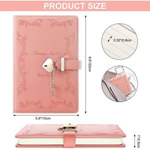 Mousbull Girls Diary with Lock and Key, Cute Heart Shaped Lock Journal for Women, Refillable A5 Vintage Secret PU Leather Notebook Gift for Teen Girls - Pink