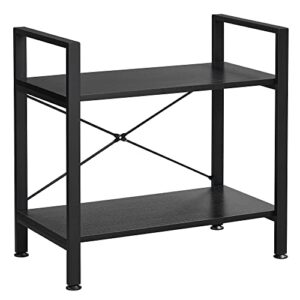 bewishome 2 tier small bookshelf, black industrial 2 shelf wooden storage bookcase with metal frame, mini shoe rack with short shelves for hallway, bedroom, living room and home office jcj52b