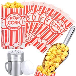 302 pieces popcorn machine supplies bundle includes stainless steel popcorn scoop, popcorn seasoning dredge shaker, 300 pcs 1 oz popcorn bags for home kitchen theater movie use