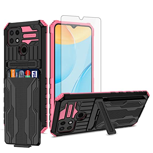 Asuwish Phone Case for Oppo A15/A15S/A35 with Tempered Glass Screen Protector Cover and Slim Credit Card Holder Stand Hybrid Mobile Slot Kickstand Cell Accessories A 15 15S CPH2185 Women Men Pink