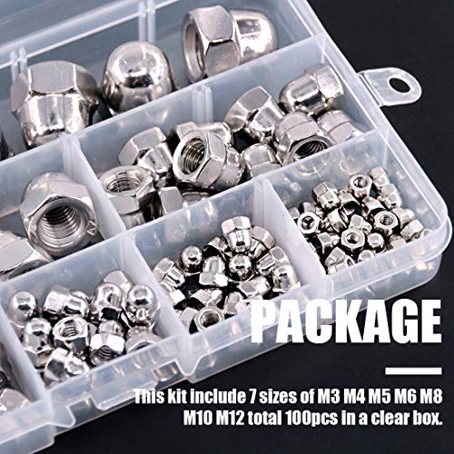 Swpeet 595Pcs 304 Stainless Steel Serrated Metric Acorn Cap Nuts Hex Dome Cap and Hex Nuts Assortment Kit