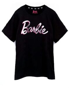 barbie t-shirt for women | ladies doll logo white pink | black longline relaxed design top clothes medium