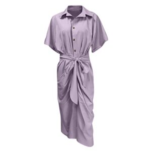 FZYLQY Women's Elegant Satin Maxi Dress Short Sleeves Button Down Shirt Long Dress Casual V Neck Loose Prom Dresses