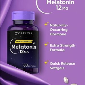 Melatonin 12 mg | 180 Softgel Capsules | Adult Extra Strength Support Supplement | Non-GMO, Gluten Free | by Carlyle