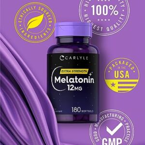 Melatonin 12 mg | 180 Softgel Capsules | Adult Extra Strength Support Supplement | Non-GMO, Gluten Free | by Carlyle