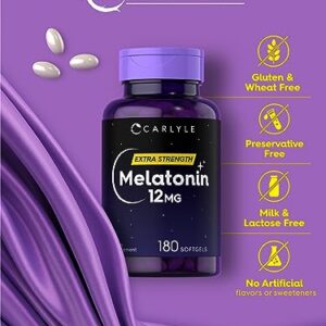 Melatonin 12 mg | 180 Softgel Capsules | Adult Extra Strength Support Supplement | Non-GMO, Gluten Free | by Carlyle