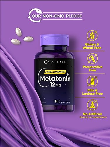 Melatonin 12 mg | 180 Softgel Capsules | Adult Extra Strength Support Supplement | Non-GMO, Gluten Free | by Carlyle