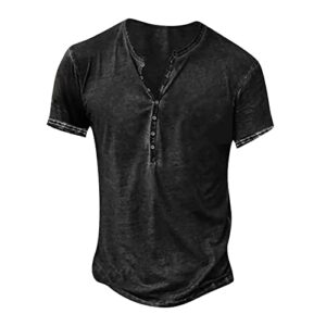 mens distressed henley shirts,spring summer vintage short sleeve washed t-shirtscasual retro button up plain tee shirts premium lightweight tops for men(d-black,x-large)