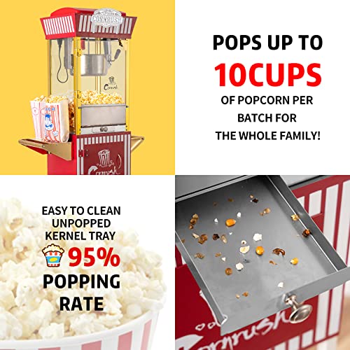 Cornrush Popcorn Maker Professional Cart Retro Classic Popcorn Popper Machine 8 Ounce with Nonstick Kettle for Home Use, Party and Birthday Gift, Red