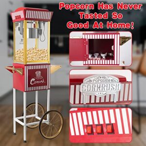 Cornrush Popcorn Maker Professional Cart Retro Classic Popcorn Popper Machine 8 Ounce with Nonstick Kettle for Home Use, Party and Birthday Gift, Red