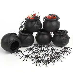 foimas mini black cauldron,6pcs halloween plastic candy kettle bucket with 50pcs spiders decor for halloween trick or treat party favor home decoration supply