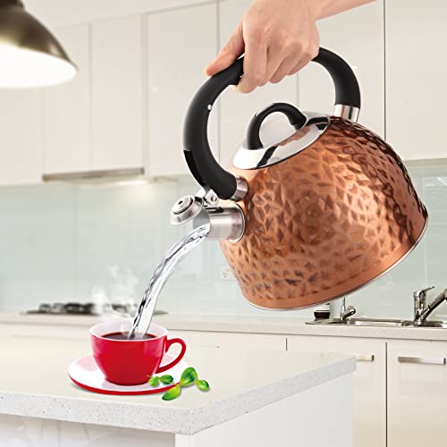 HRHongRui Copper Tea Kettle Stainless Steel Teapot Whistling Kettle Unique Button Control Kettle Outlet Loud Whistle Food Grade Teapot 3.2 Quart / 3 Liter Bronze