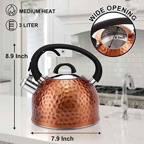 HRHongRui Copper Tea Kettle Stainless Steel Teapot Whistling Kettle Unique Button Control Kettle Outlet Loud Whistle Food Grade Teapot 3.2 Quart / 3 Liter Bronze