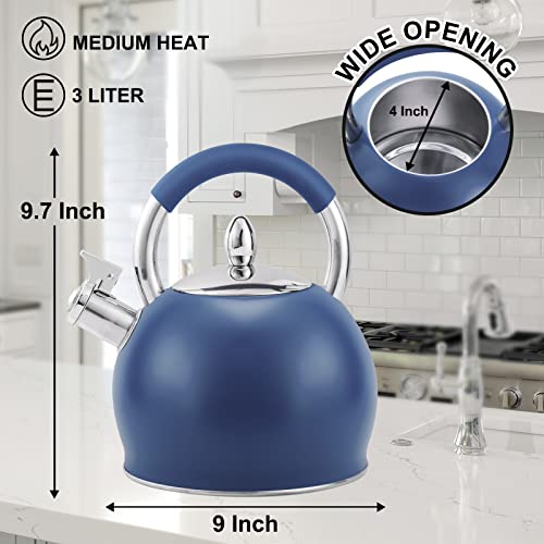 HRHongRui Whistling Tea Kettle for Stove Top Stainless Steel Tea Pot with Ergonomic Silicone Handle Teapot for Stovetop 3.2 Quart / 3 Liter Blue