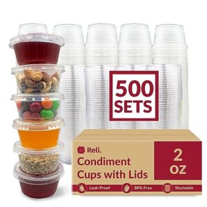 reli. 2 oz small containers with lids (500 sets) | jello shot cups with lids | clear plastic condiment containers with lids | portion cups with lids | sauce cups | souffle cups | stackable | bulk