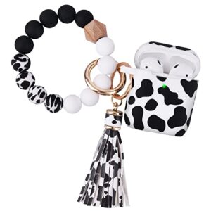 airpods case airspo airpods case cover for apple airpods printed silicone protective skin for women, girls with bracelet keychain/accessories (black/cow)