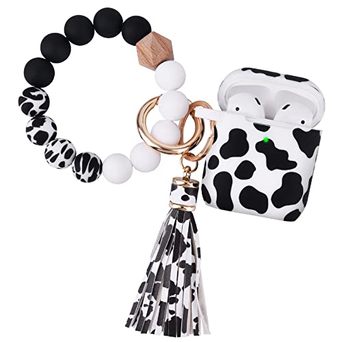 AirPods Case AIRSPO AirPods Case Cover for Apple AirPods Printed Silicone Protective Skin for Women, Girls with Bracelet Keychain/Accessories (Black/Cow)