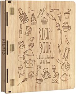 bamboo recipe book binder (3 ring) - includes 25 plastic (8.5" x 11") left loading sleeves (holds 50 recipe cards) - 50 (4"x6") double sided recipe cards - 6 index/recipe dividers