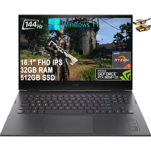 HP Omen 16 Gaming Laptop 16.1" FHD 144Hz IPS Display AMD Octa-Core Ryzen 7 5800H (Beats i7-10750H) 32GB RAM 512GB SSD NVIDIA GeForce RTX 3050 Ti 4GB RGB Backlit USB-C B&O Audio Win11 + HDMI Cable