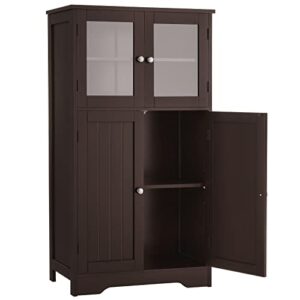 iwell bathroom storage cabinet, linen cabinet with glass doors & adjustable shelf, freestanding storage organizer for living room, home office, bathroom, brown