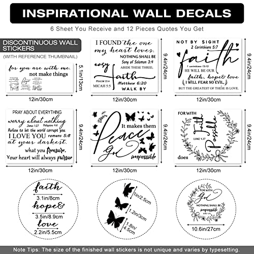 12 Styles Bible Verse Wall Decals Inspirational Wall Decals Peel and Stick Vinyl Christian Wall Decal Prayer Wall Decor Butterfly Quotes Wall Decor Stickers Wall Art Sticker for Bedroom (Black)