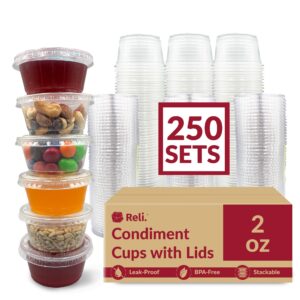 reli. 2 oz small containers with lids (250 sets) | jello shot cups with lids | clear plastic condiment containers with lids | portion cups with lids | sauce cups | souffle cups | stackable | bulk