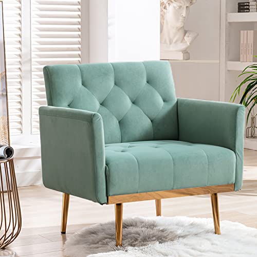 JOYBASE Velvet Accent Chair, Velvet Armchair, Mid Century Modern Chair with Metal Legs, Tufted Accent Chair, Comfy Reading Chair, Arm Chair for Living Room, Bedroom (Mint Green)