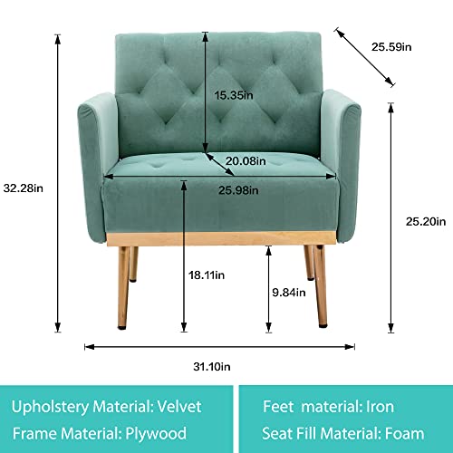 JOYBASE Velvet Accent Chair, Velvet Armchair, Mid Century Modern Chair with Metal Legs, Tufted Accent Chair, Comfy Reading Chair, Arm Chair for Living Room, Bedroom (Mint Green)