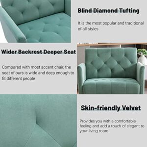 JOYBASE Velvet Accent Chair, Velvet Armchair, Mid Century Modern Chair with Metal Legs, Tufted Accent Chair, Comfy Reading Chair, Arm Chair for Living Room, Bedroom (Mint Green)