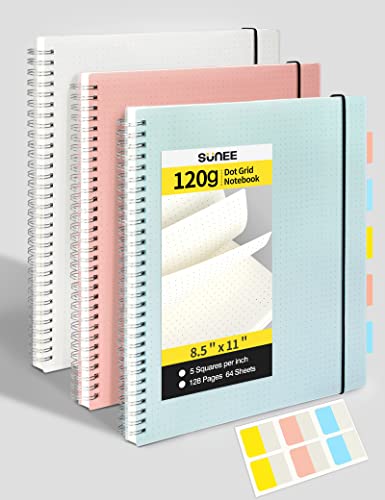 SUNEE Dotted Journal Spiral Notebook - Large Spiral Bullet Journals, 8.5" x 11", 120gsm Thick Dotted Paper, 3 Pack Dot Grid Notebook Giftable Journal for Women for School, Office, Artist Writing/Drawing, 64 Sheets, Blue, Pink, Transparent