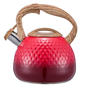 tea kettle, stovetop teapot, 2.7 quart, loud whistle, food grade stainless steel and smooth wood pattern handle, sophisticated look for hiking, picnic, for tea, coffee, milk (red)