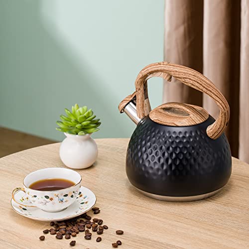 Tea Kettle, Black Stovetop Teapot, 2.7 Quart, Loud Whistle, Food Grade Stainless Steel and Smooth Wood Pattern Handle, Sophisticated Look for Hiking, Picnic, for Tea, Coffee, Milk