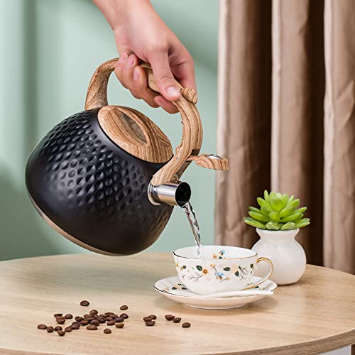 Tea Kettle, Black Stovetop Teapot, 2.7 Quart, Loud Whistle, Food Grade Stainless Steel and Smooth Wood Pattern Handle, Sophisticated Look for Hiking, Picnic, for Tea, Coffee, Milk