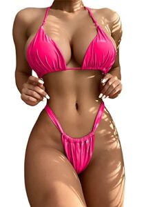 shein women's sexy 2 pcs ruched triangle bikini bra with thong swimsuit sets hot pink medium