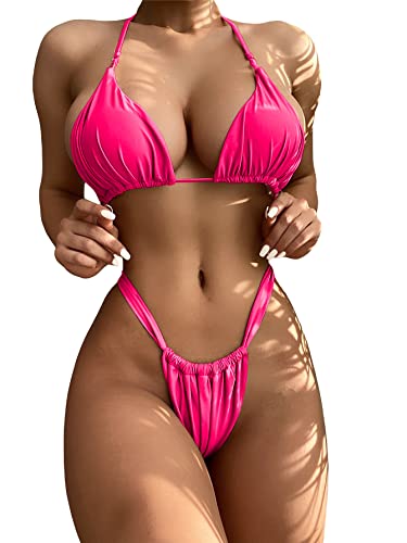 SheIn Women's Sexy 2 Pcs Ruched Triangle Bikini Bra with Thong Swimsuit Sets Hot Pink Medium