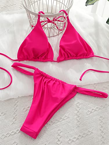 SheIn Women's Sexy 2 Pcs Ruched Triangle Bikini Bra with Thong Swimsuit Sets Hot Pink Medium